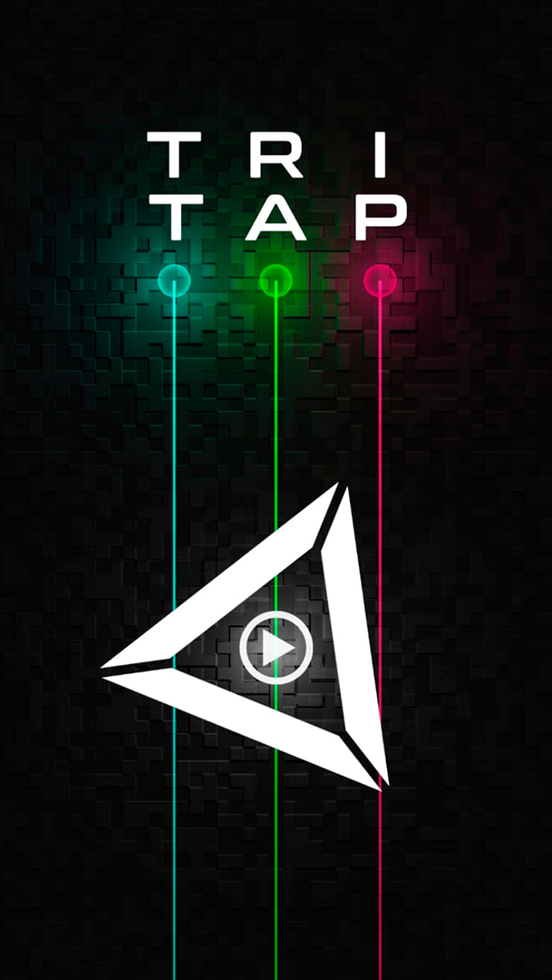 Tritap title screen with a white triangular emblem and cyan, green and pink light trails.