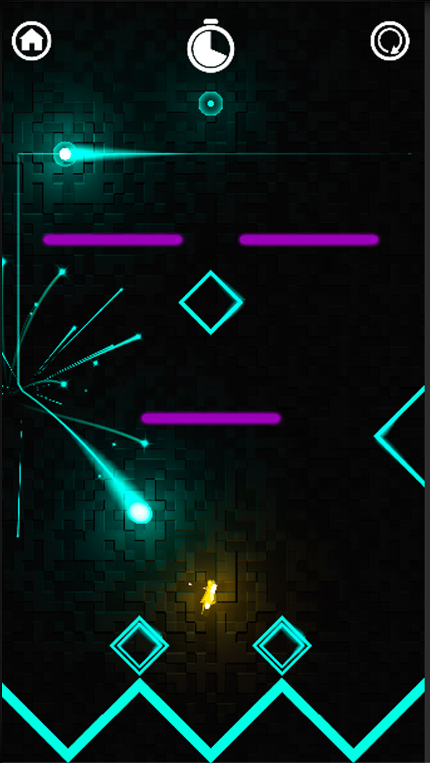 Tritap gameplay with cyan trails and diamond outlines, purple platforms and a yellow star.